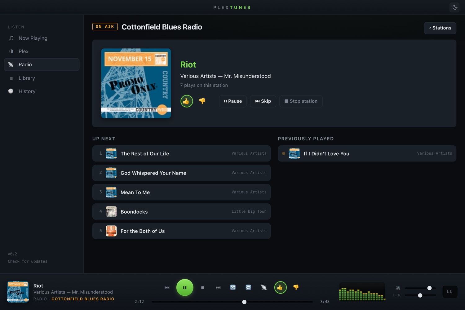 The learning radio's On Air view in dark mode — thumbs, up next, and previously played